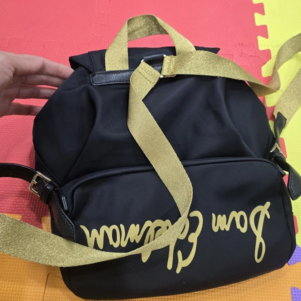 Sam Edelman‎ Black Nylon Backpack Gold Hardware Scarf Drawstring Flap Pocket...